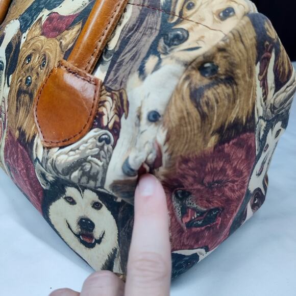 Vintage Canvas Dog Print Animal Tapestry Barrel Handbag Leather Handle Tote Bag - Picture 13 of 15